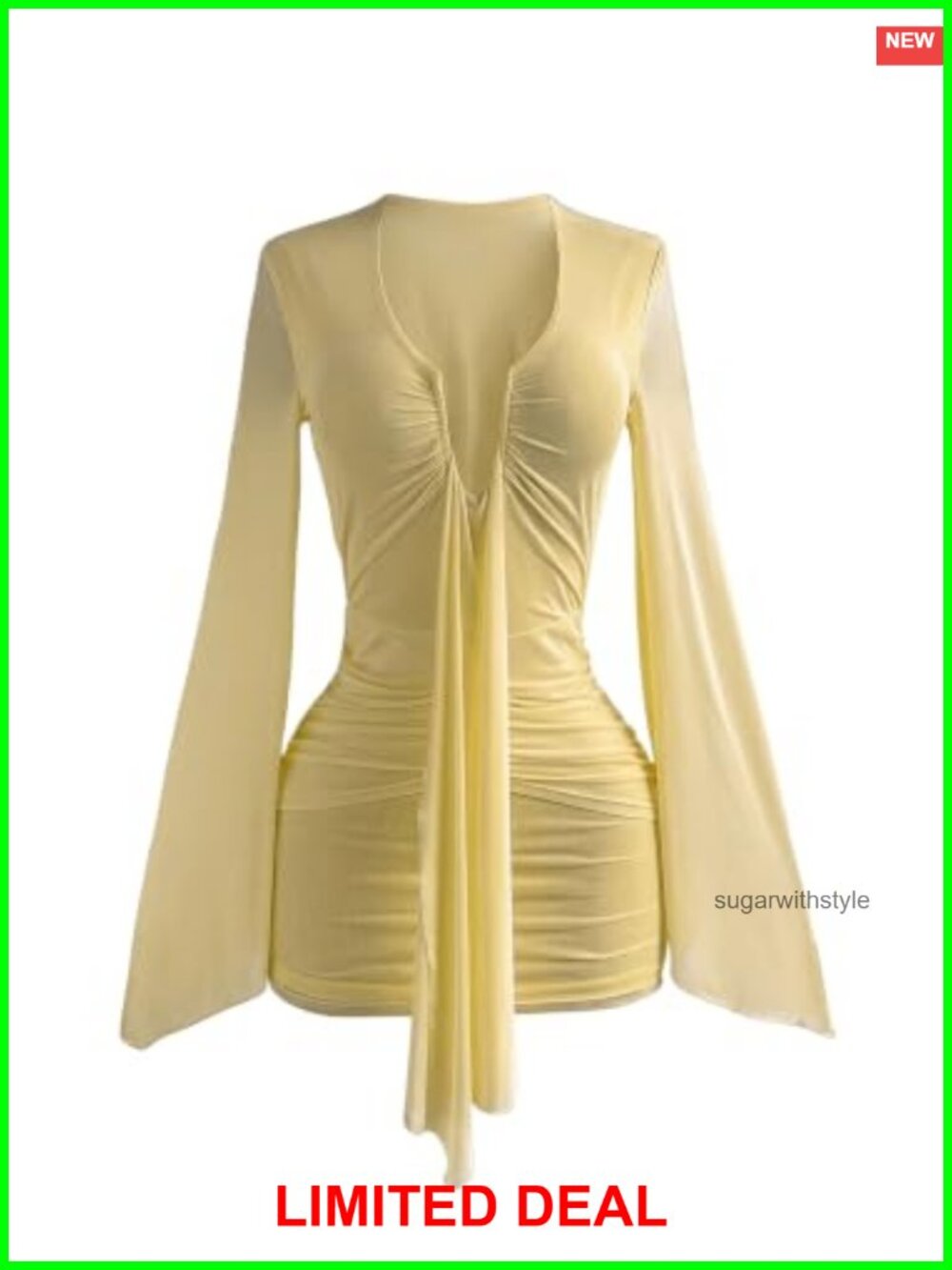 Women's Bodycon Mini Dress Ruched Long Sleeve V-Neck Party Club Night Out